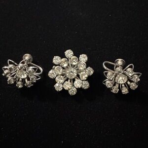 Elegant Silver Crystal Screw Back Earrings and Pin Set